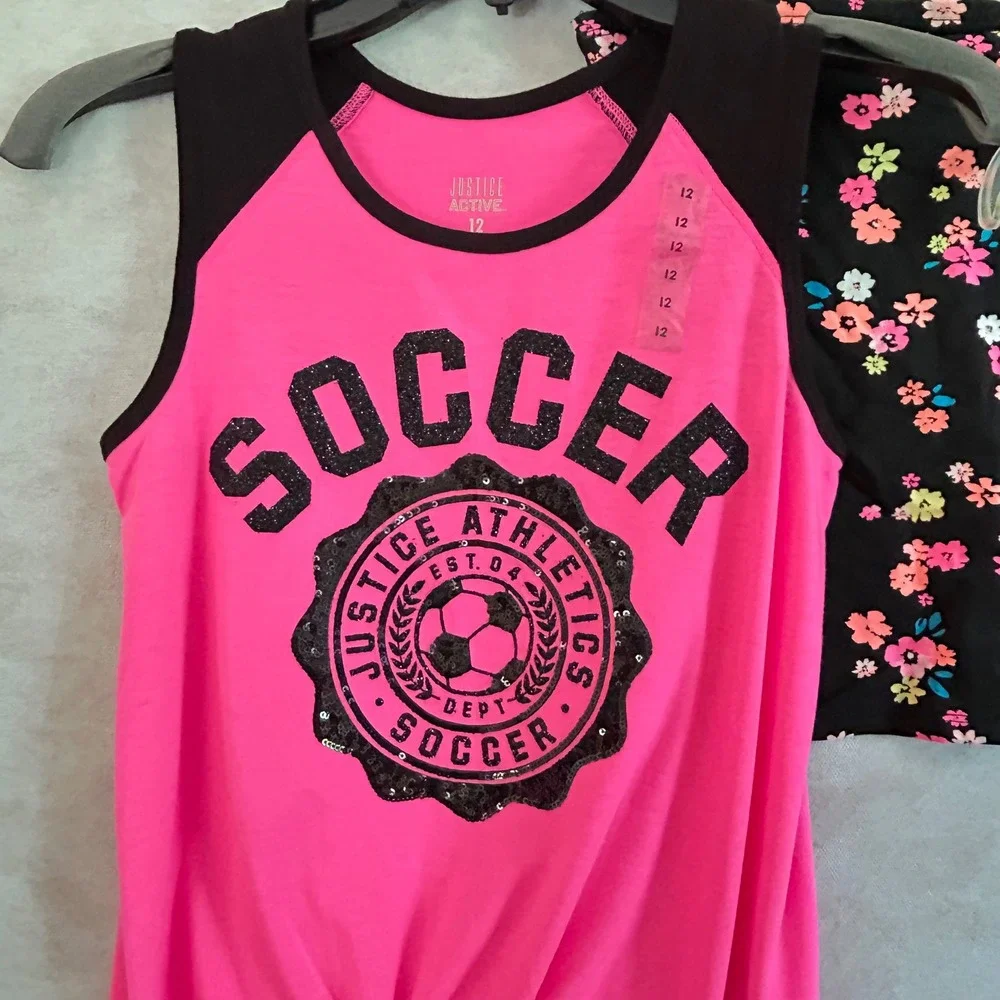Justice Girls 3pc Bundle Pink Soccer‎ Tank Grey Graphic Tank Floral Tube Top 12